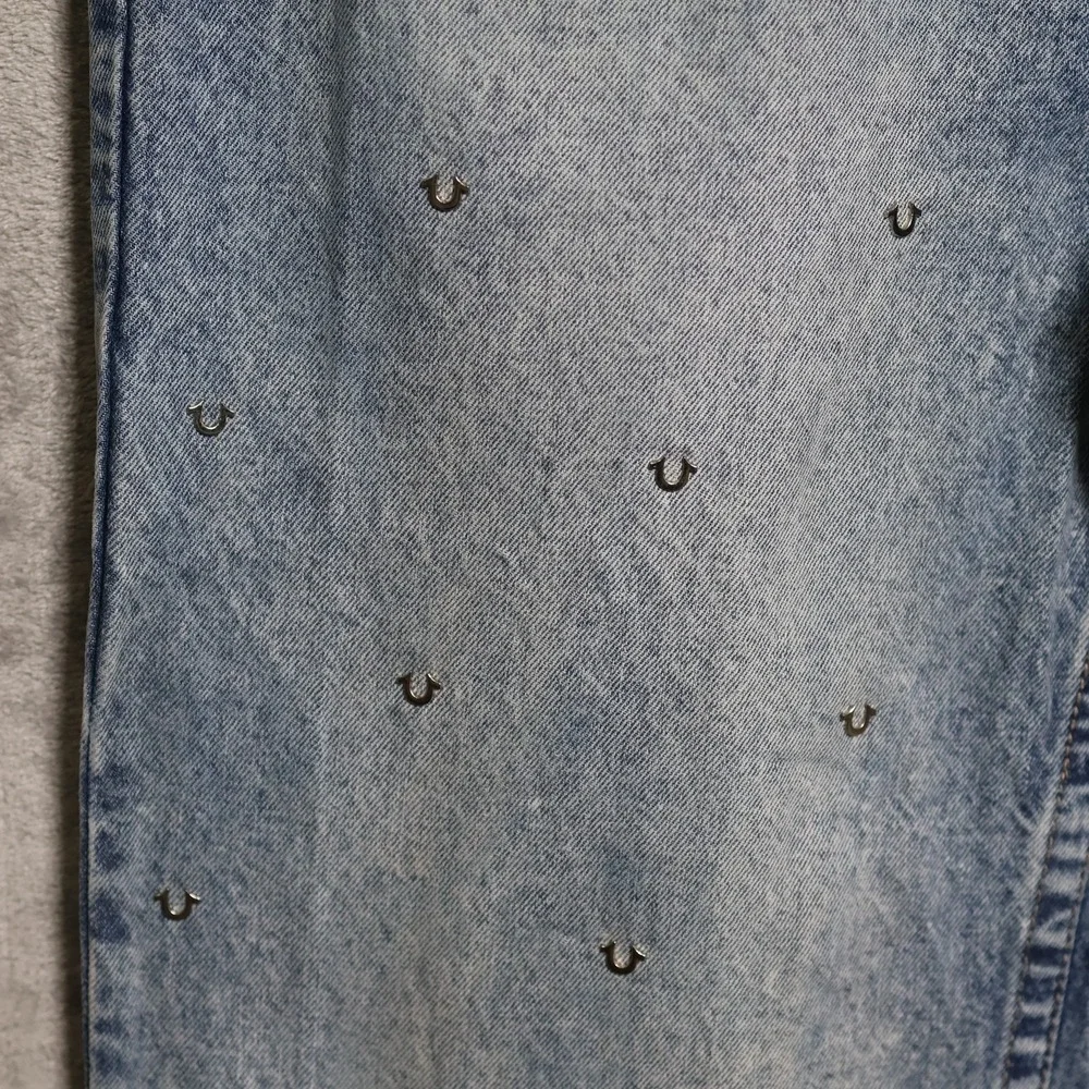 True Religion Jeans Mens 34x32 Blue Vinny Baggy All Over Logo Wide Leg Skater